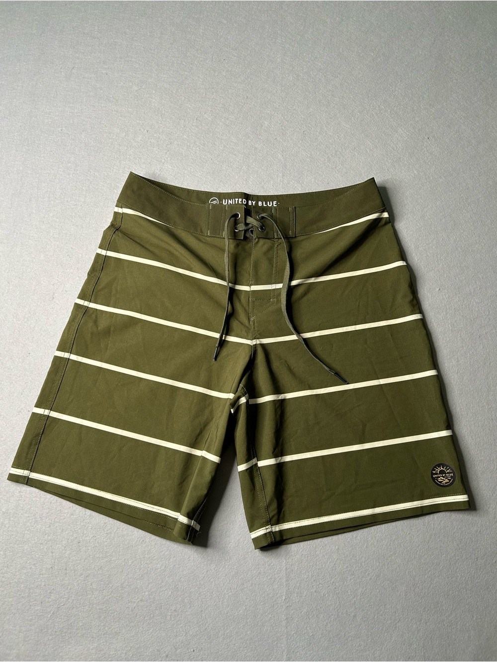 United By Blue Olive Green and White Striped Men’s Swim Board Shorts Size 30